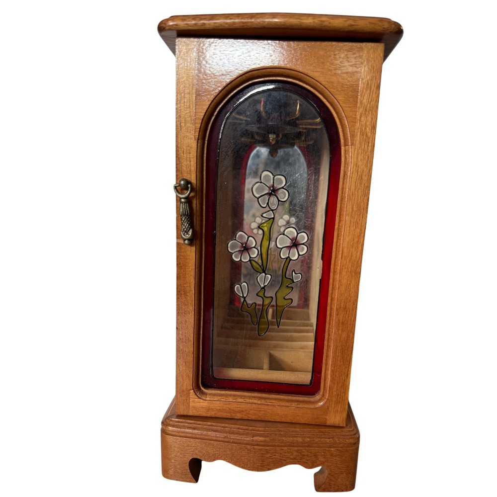 Vintage Wooden Jewelry Box Glass Door Floral Inlay Armoire Style